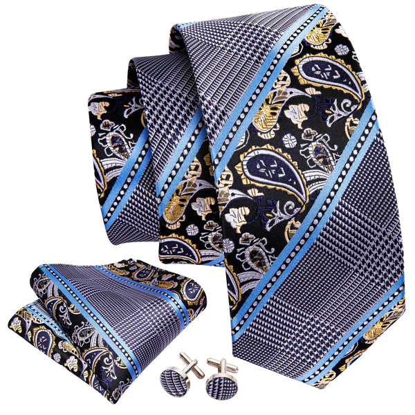 Beautiful Blue Floral Stripes Tie Set