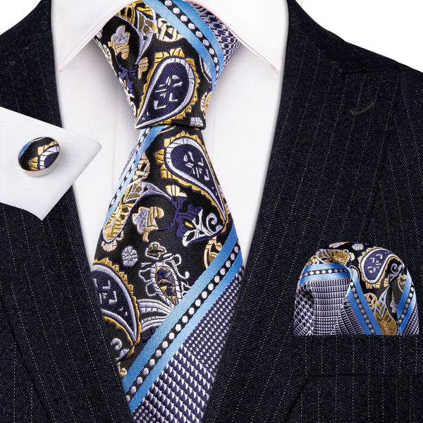 Beautiful Blue Floral Stripes Tie Set