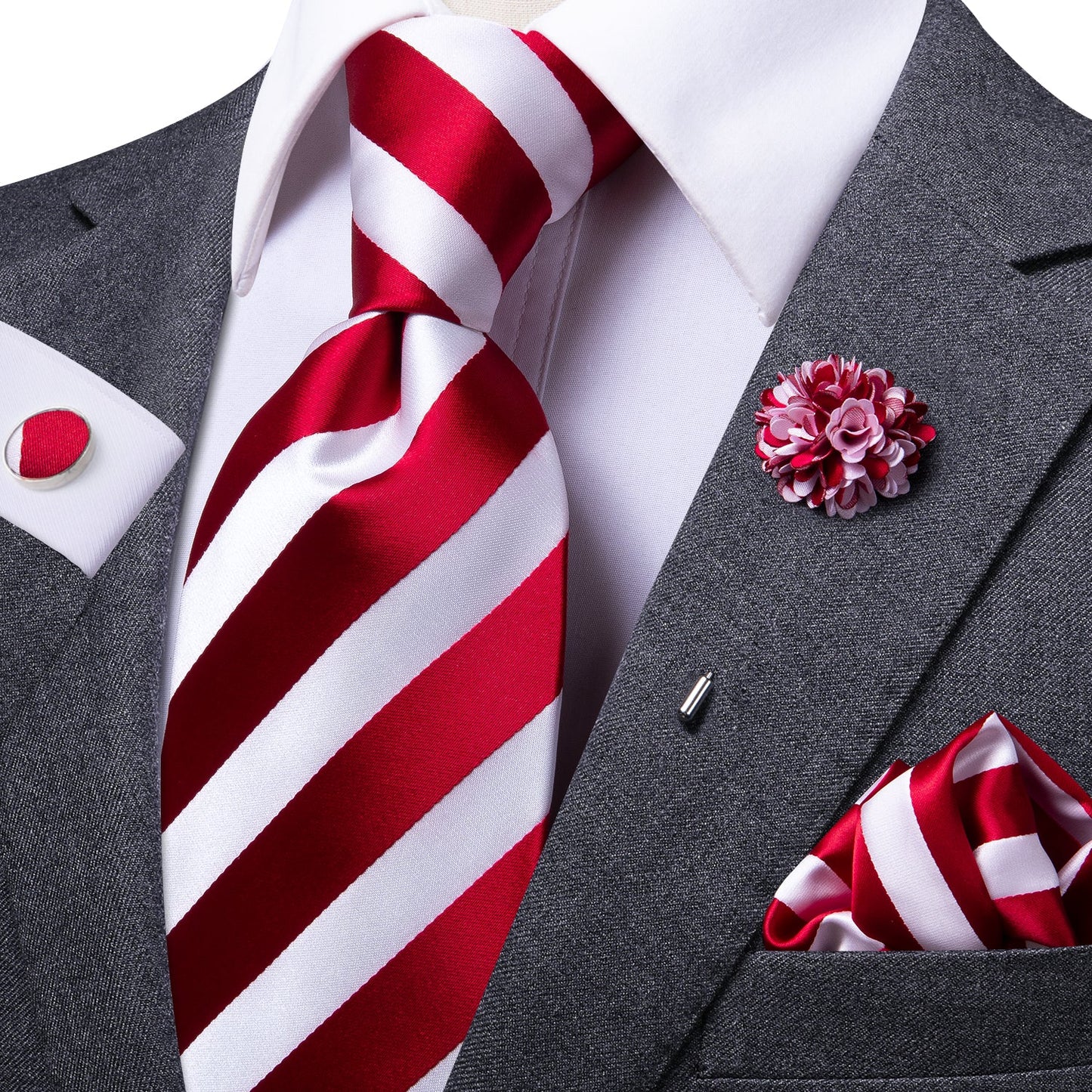 Red and White Stripes Tie Set with Brooch