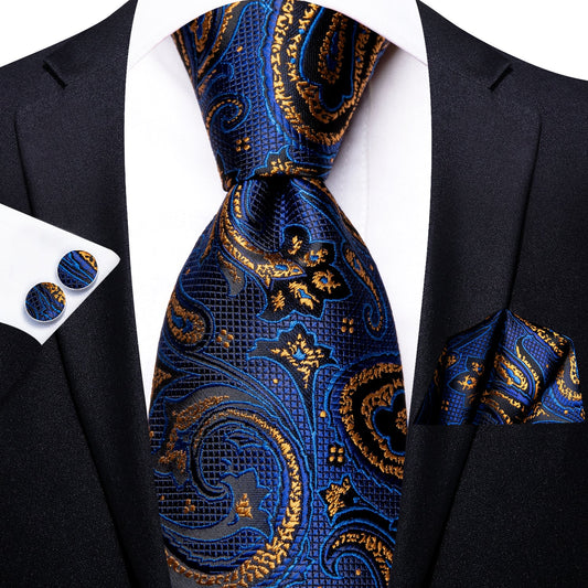 Luxury Gold Leaves In Blue Silk Tie Set