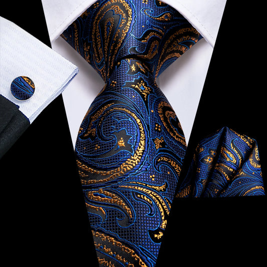 Luxury Gold Leaves In Blue Silk Tie Set