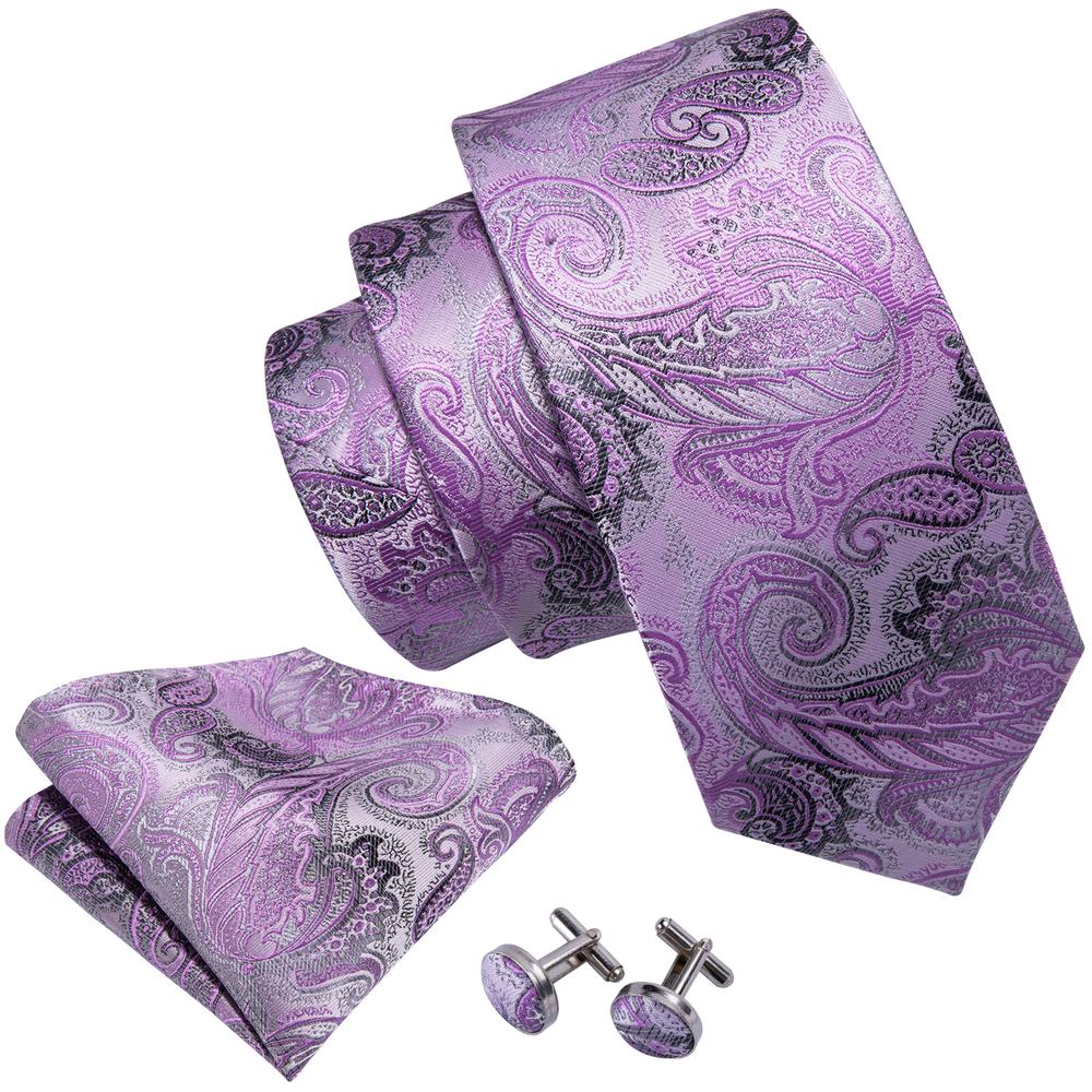 White and Gray Leaves In Purple Silk Tie Set