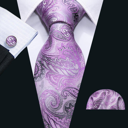 White and Gray Leaves In Purple Silk Tie Set