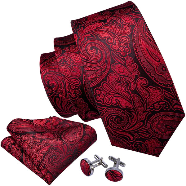 Premium Bloody Red Floral Silk Tie Set