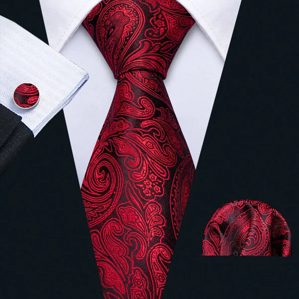 Premium Bloody Red Floral Silk Tie Set