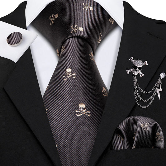 Skull In Brown Silk Tie Set - Masculine Clothes