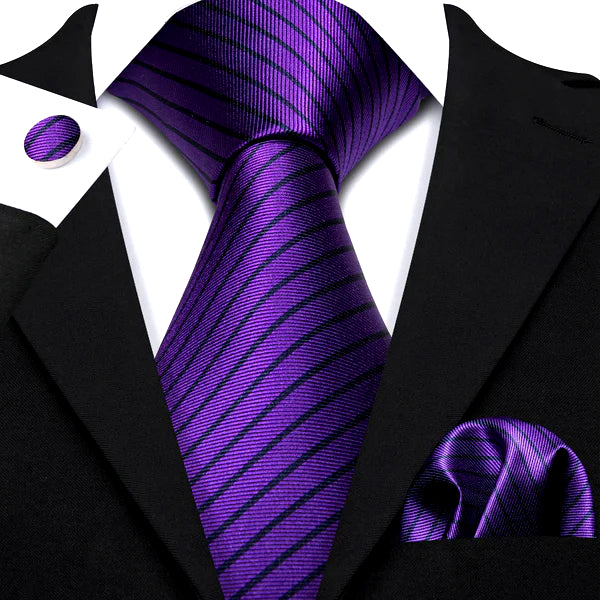 Luxury Purple Stripes In Black Silk Tie Set