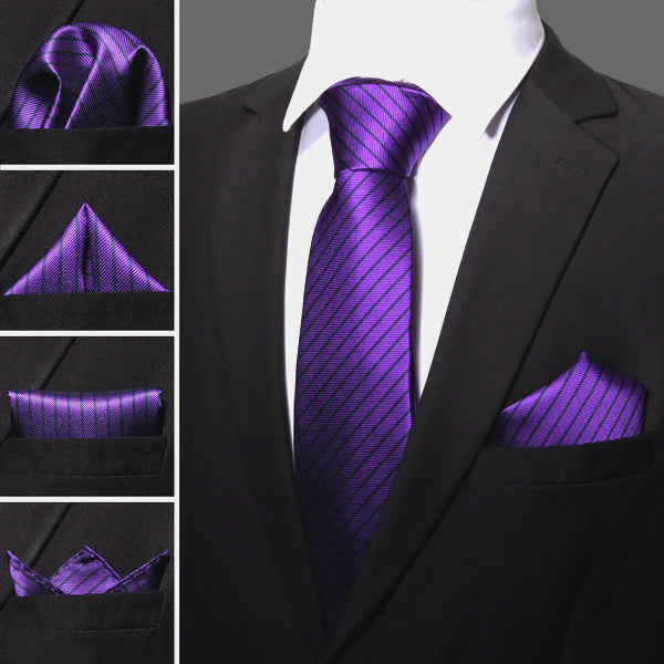 Luxury Purple Stripes In Black Silk Tie Set