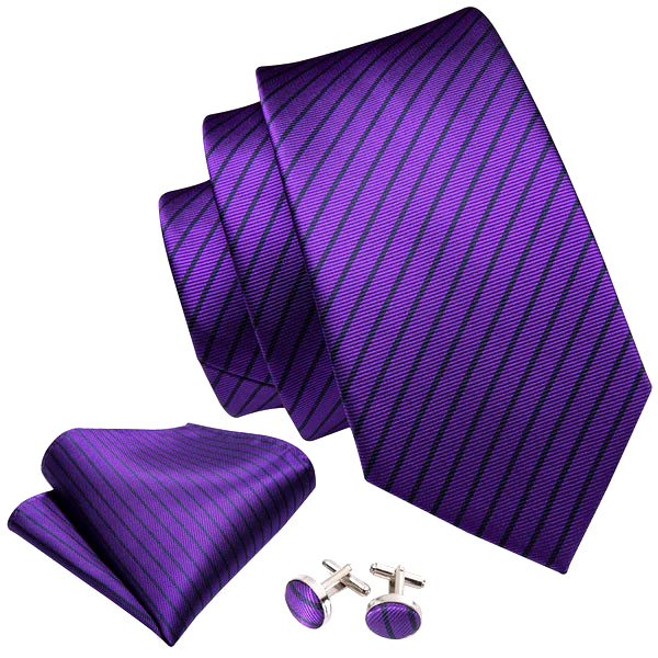 Luxury Purple Stripes In Black Silk Tie Set