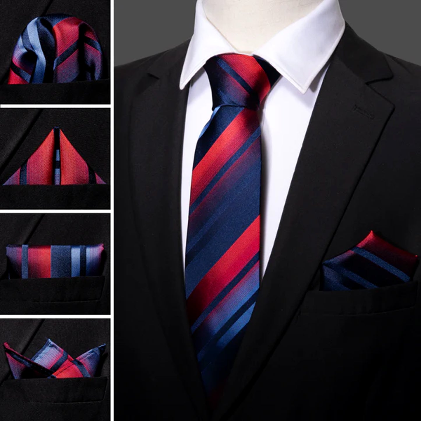 Luxury Red and Blue Stripes Silk Tie Set