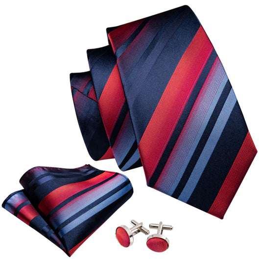 Luxury Red and Blue Stripes Silk Tie Set - Masculine Clothes