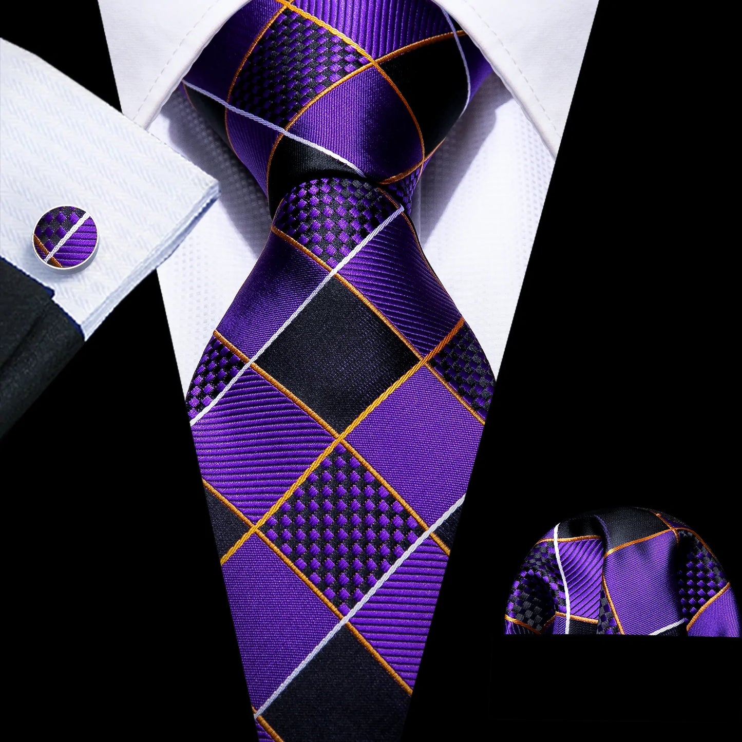 Luxury Purple Checkered Silk Tie Set