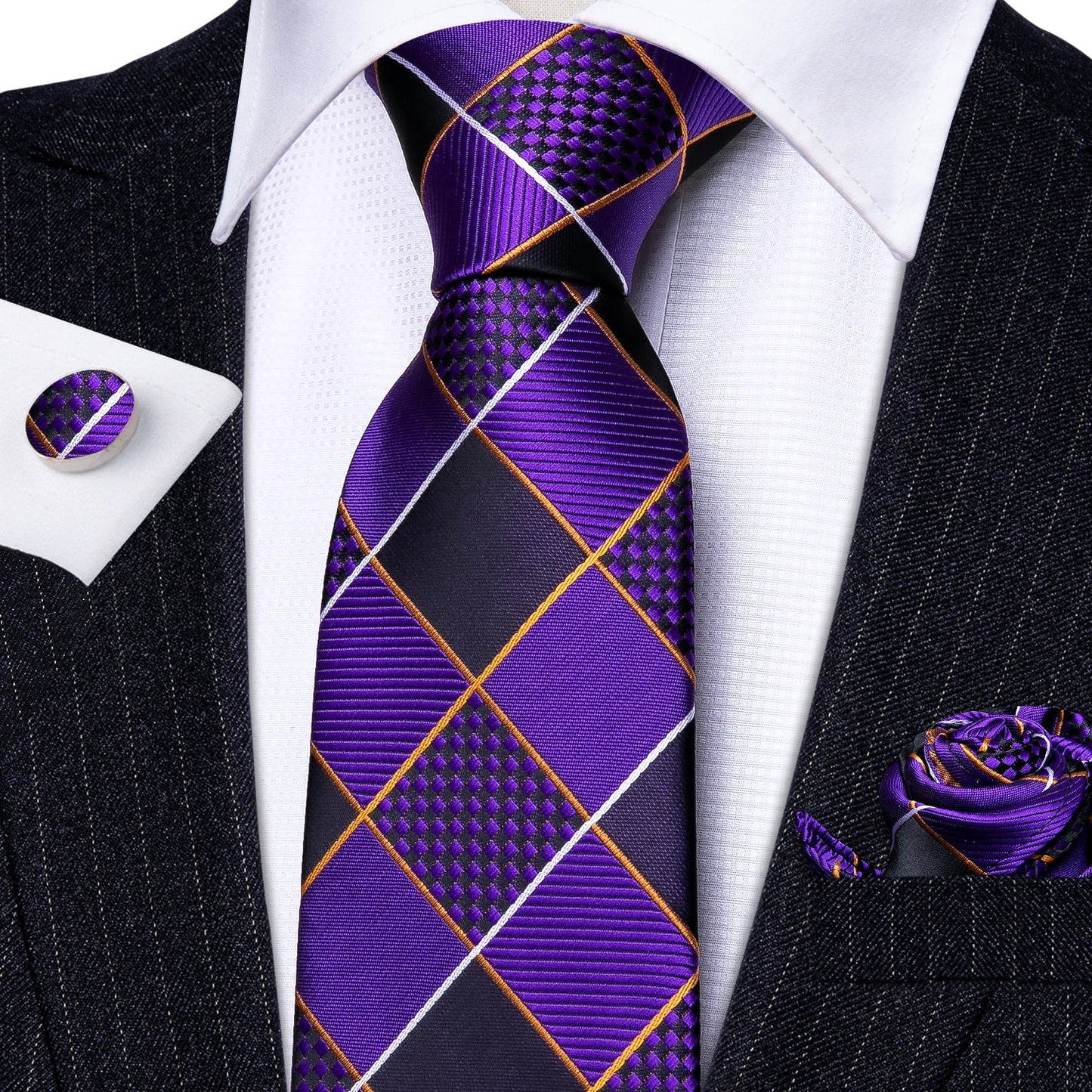 Luxury Purple Checkered Silk Tie Set