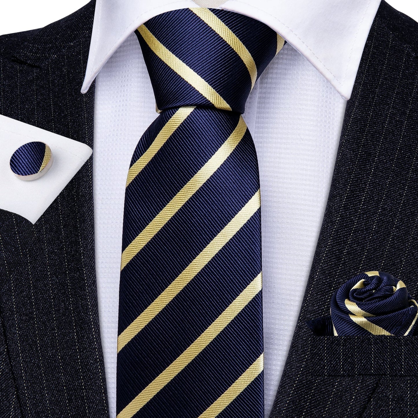 Yellow Lines In Dark Blue Tie Set