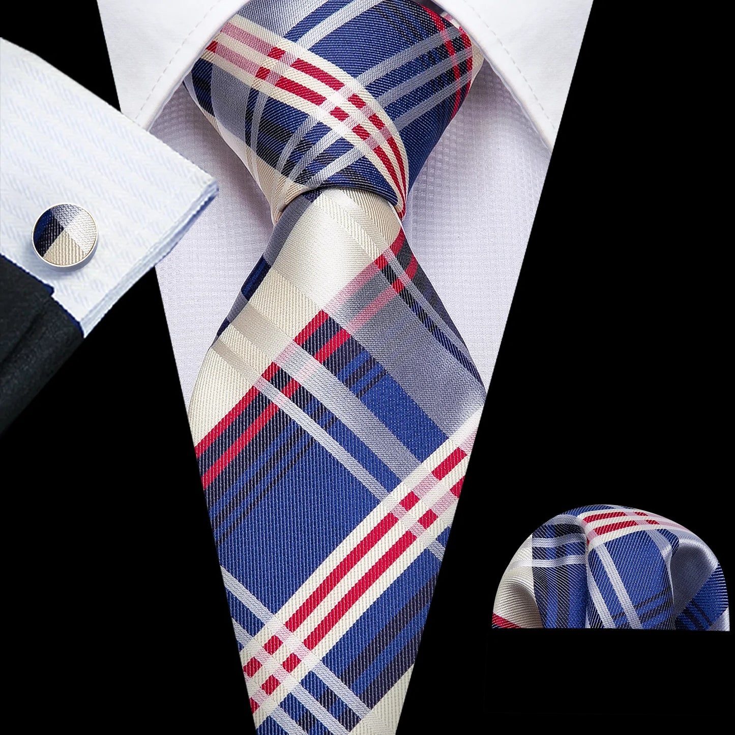 Champagne Checkered with Blue and Red Tie Set