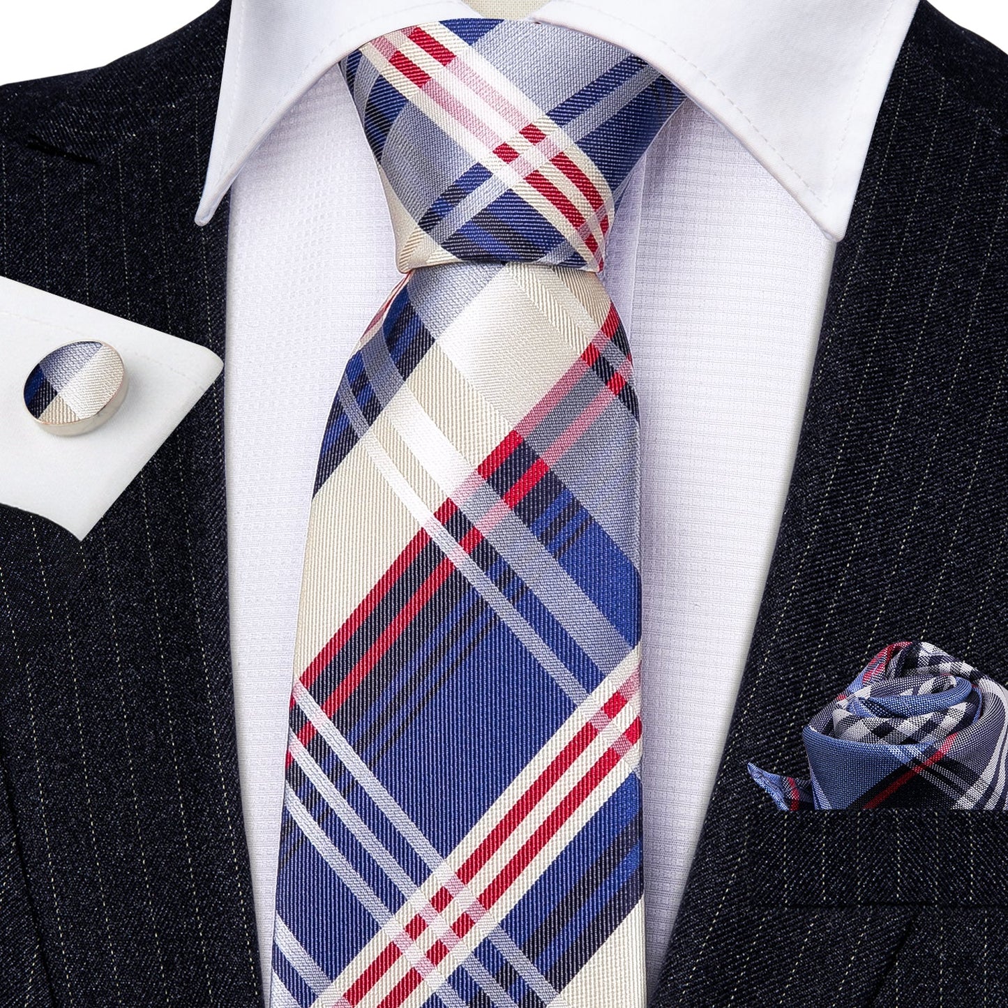 Champagne Checkered with Blue and Red Tie Set