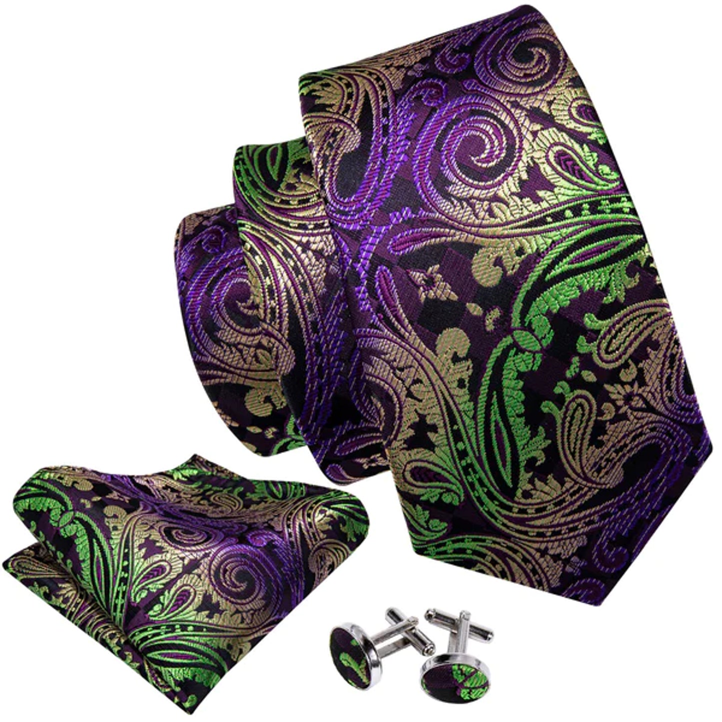 Luxury Purple Green and Gold Leaves Tie Set