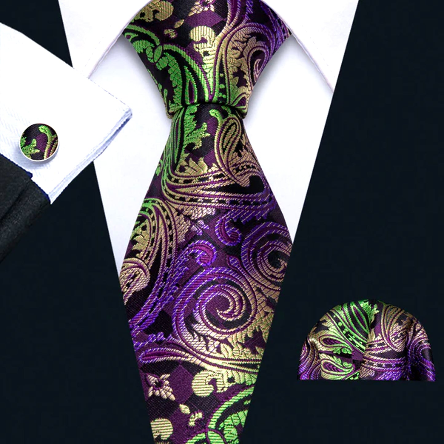 Luxury Purple Green and Gold Leaves Tie Set