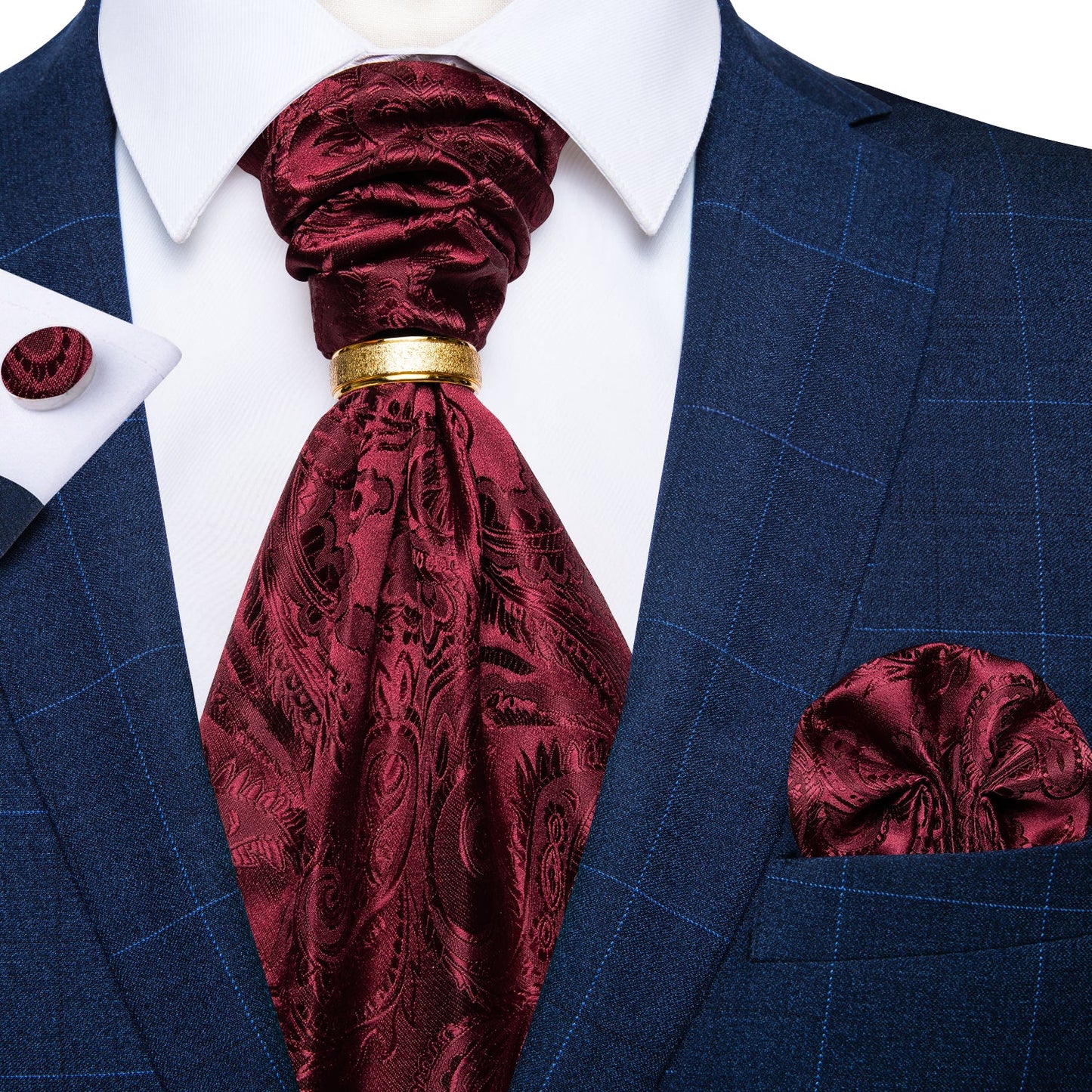 Luxury Burgundy Leaves Silk Ascot Set