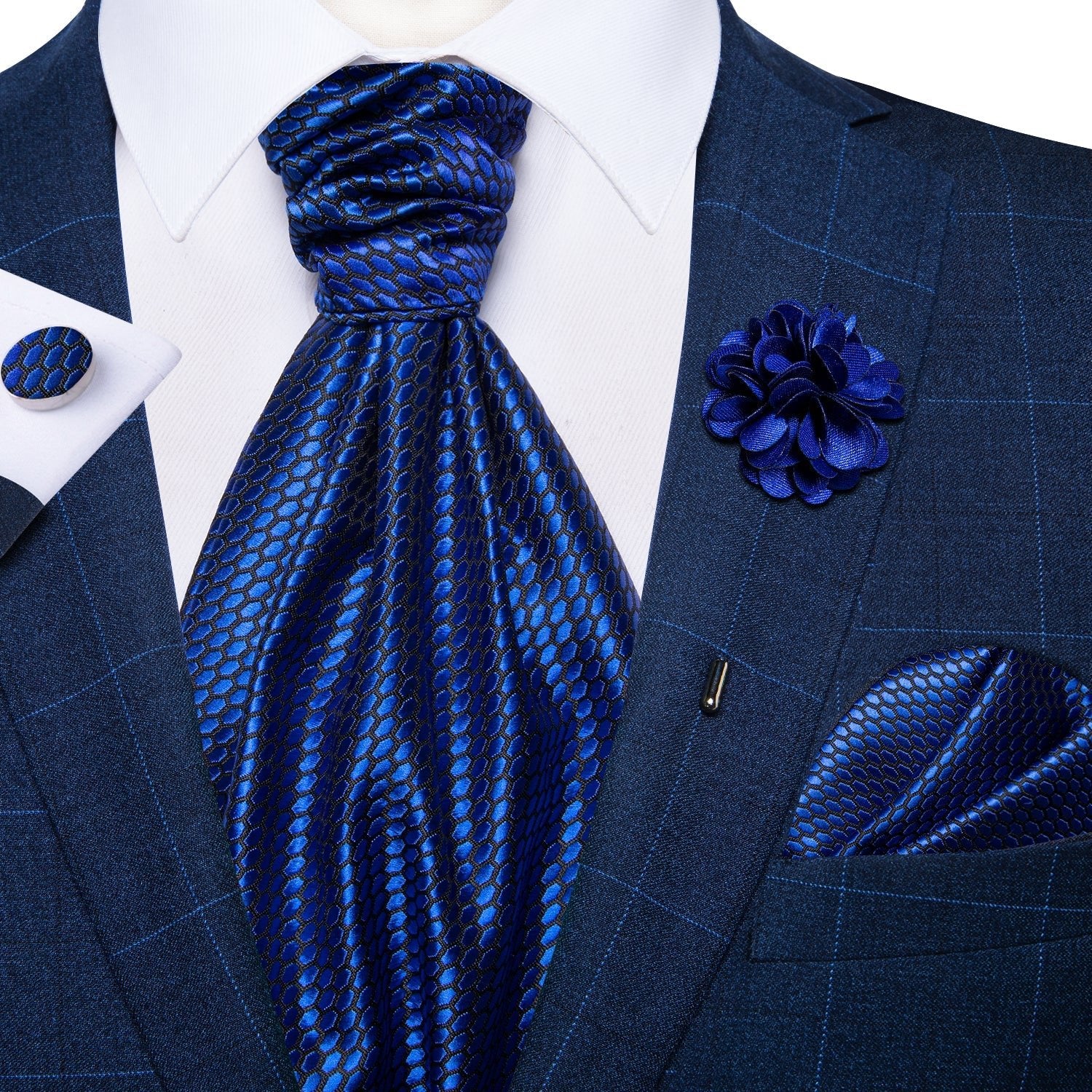Luxury Blue Snake Skin Ascot, Pocket Square and Cufflinks With Lapel Pin - Masculine Clothes