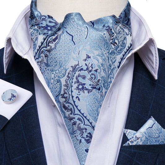 Luxury Blue Leaves Paisley Ascot, Pocket Square and Cufflinks With Lapel Pin