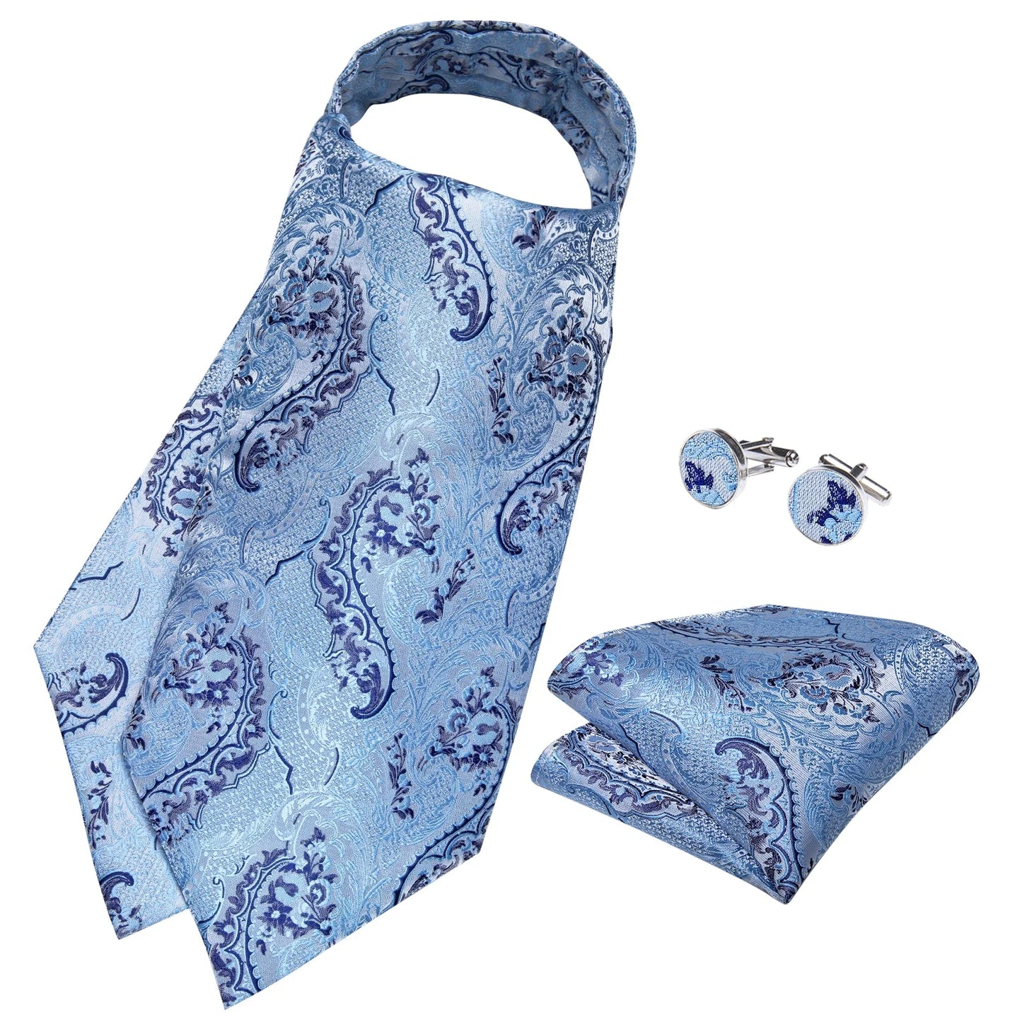 Luxury Blue Leaves Paisley Ascot, Pocket Square and Cufflinks With Lapel Pin