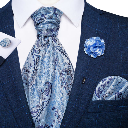 Luxury Blue Leaves Paisley Ascot, Pocket Square and Cufflinks With Lapel Pin - Masculine Clothes