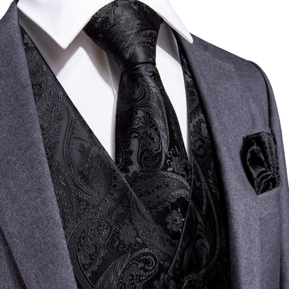 Black Paisley Vest Set with Tie Ring