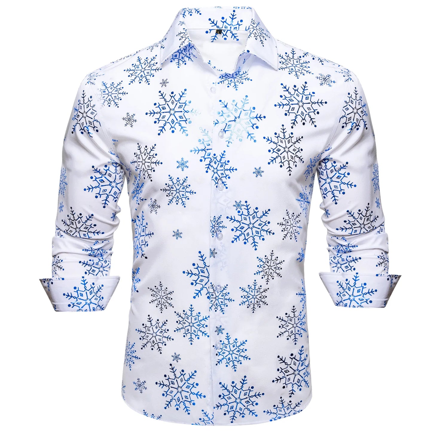 Blue Snow Flakes In White Silk Long Sleeves Shirt