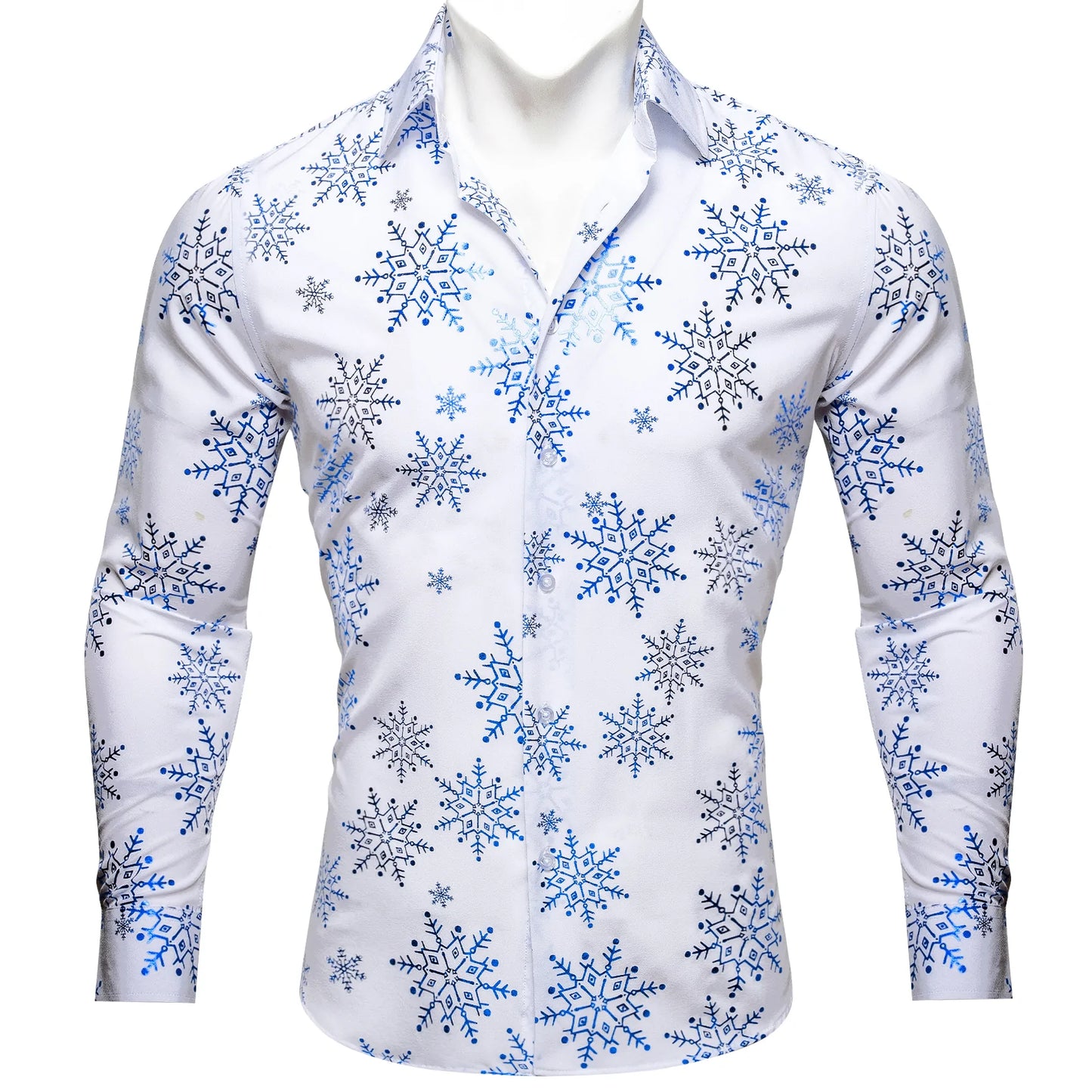 Blue Snow Flakes In White Silk Long Sleeves Shirt