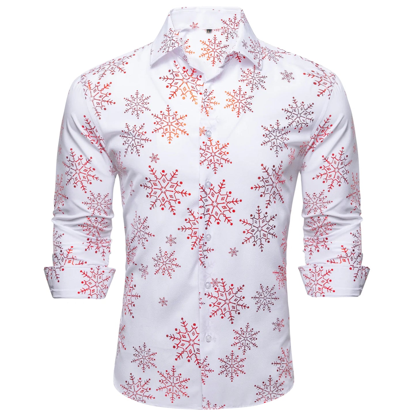 Red Snowflakes In White Silk Long Sleeves Shirt