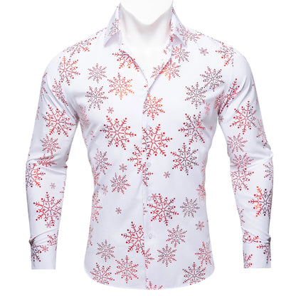 Red Snowflakes In White Silk Long Sleeves Shirt