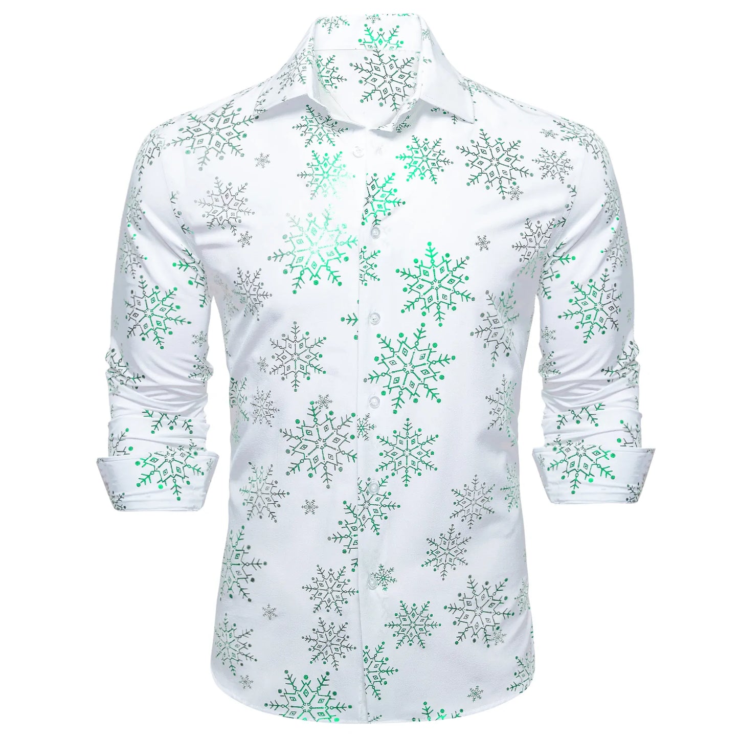 Green Snowflakes In White Silk Long Sleeves Shirt