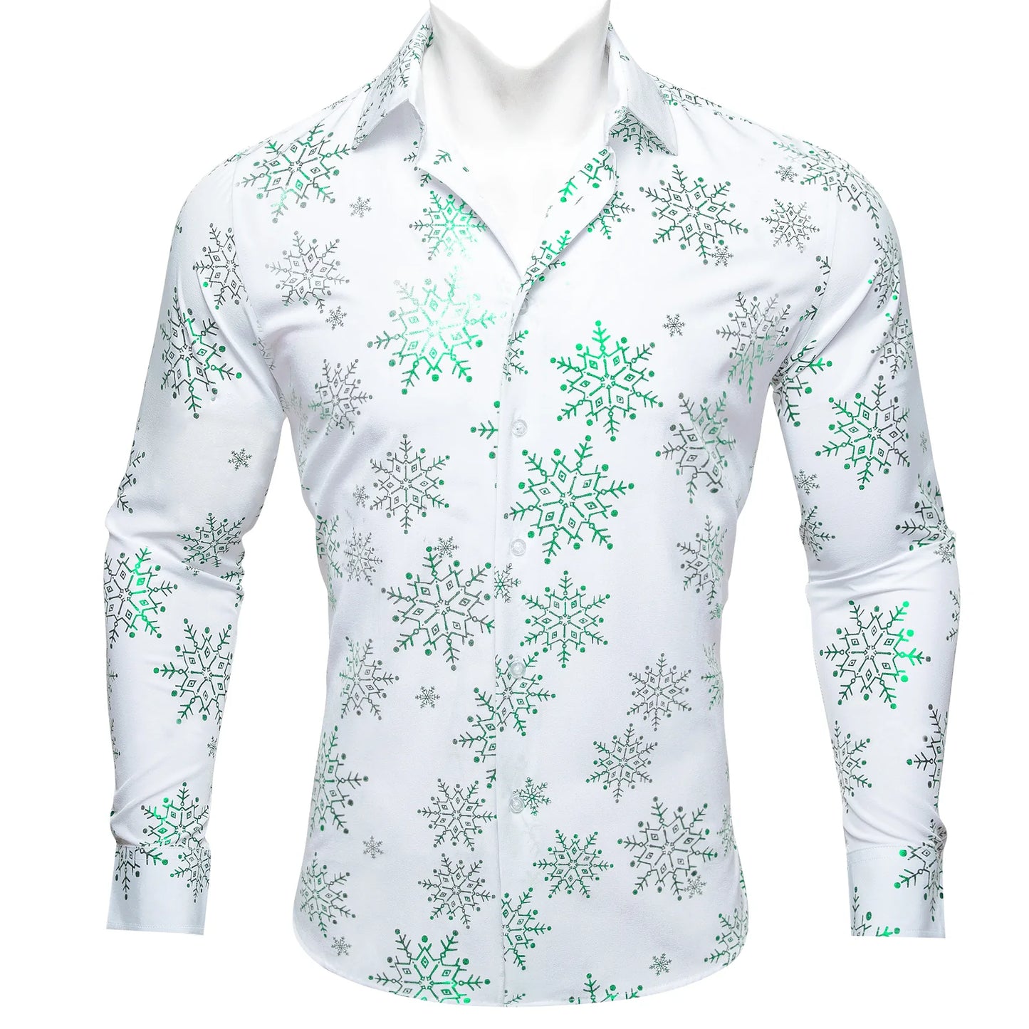 Green Snowflakes In White Silk Long Sleeves Shirt