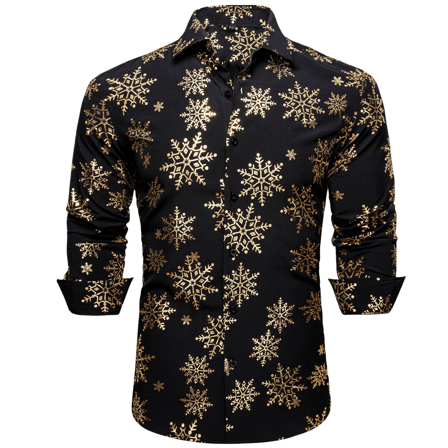 Gold Snowflakes In Black Silk Long Sleeves Shirt