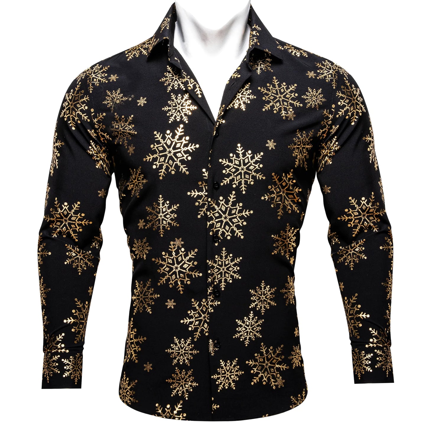 Gold Snowflakes In Black Silk Long Sleeves Shirt