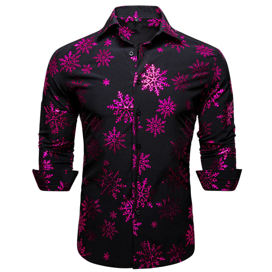 Pink Snowflakes In Black Silk Long Sleeves Shirt