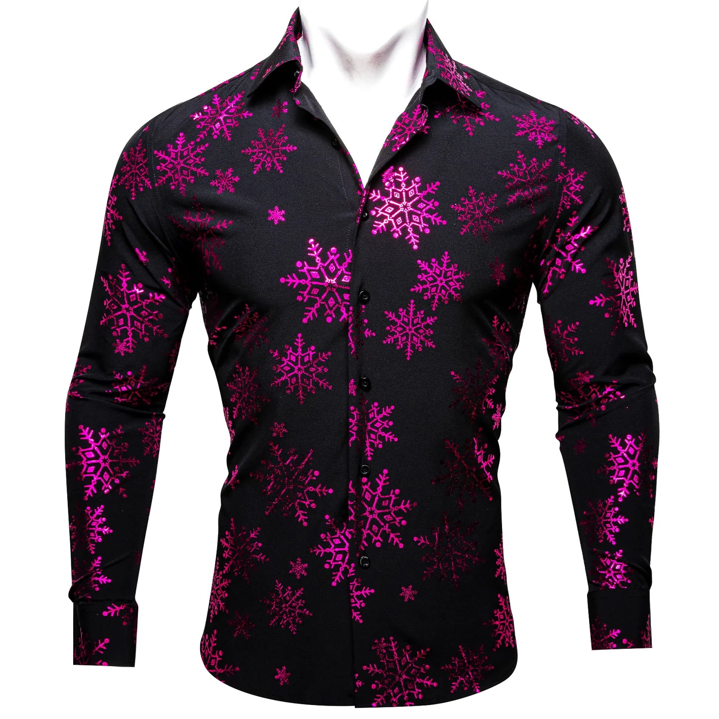 Pink Snowflakes In Black Silk Long Sleeves Shirt