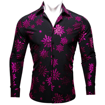 Pink Snowflakes In Black Silk Long Sleeves Shirt