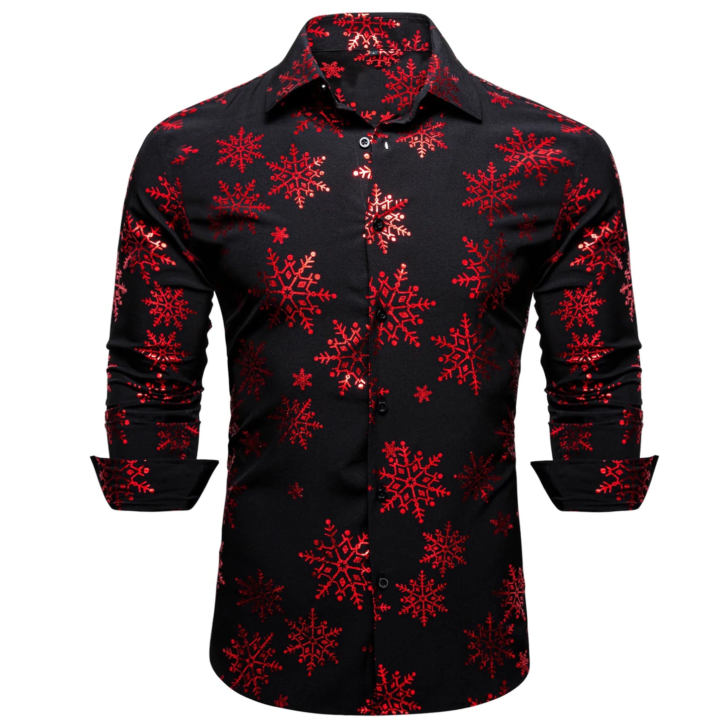 Red Snowflakes In Black Silk Long Sleeves Shirt