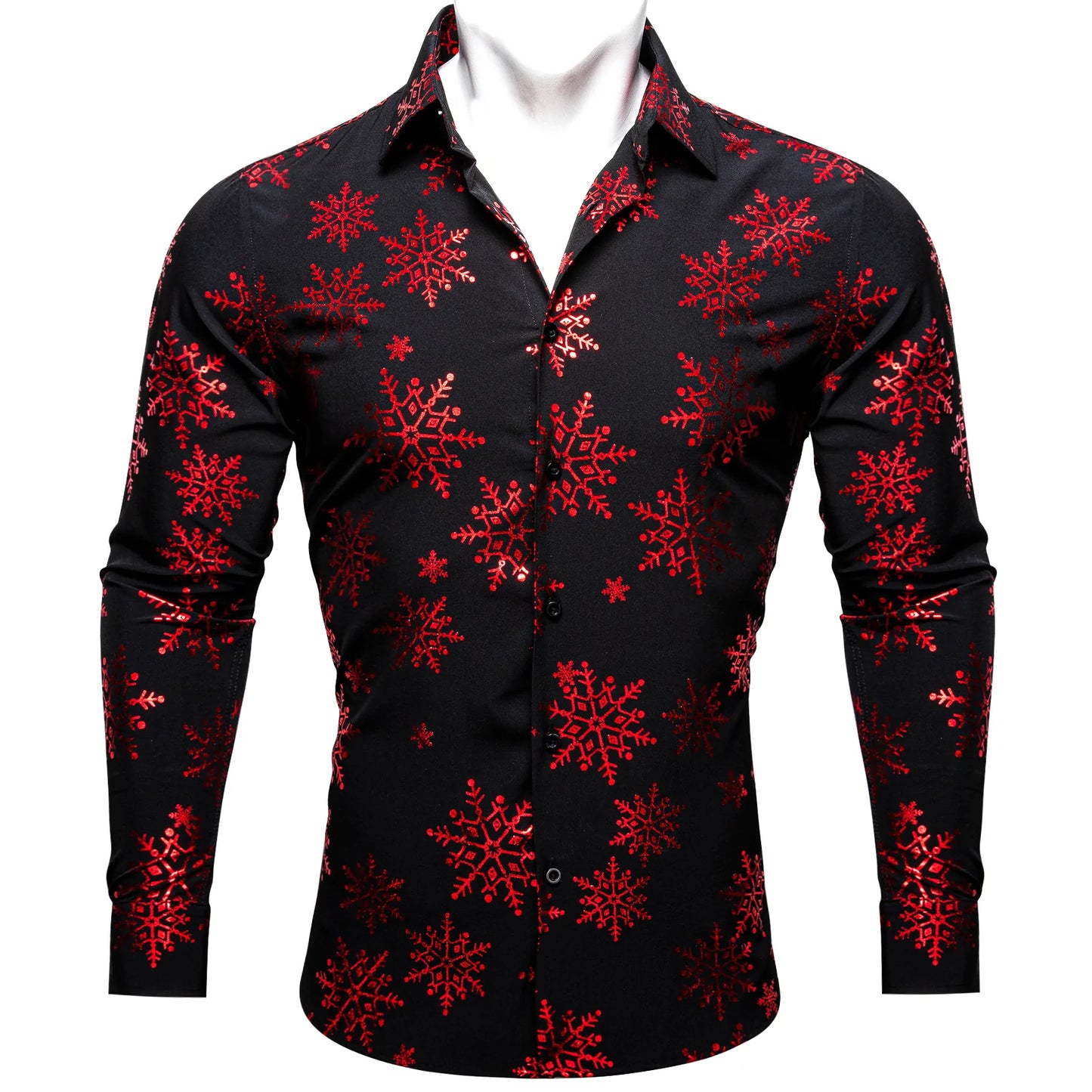 Red Snowflakes In Black Silk Long Sleeves Shirt