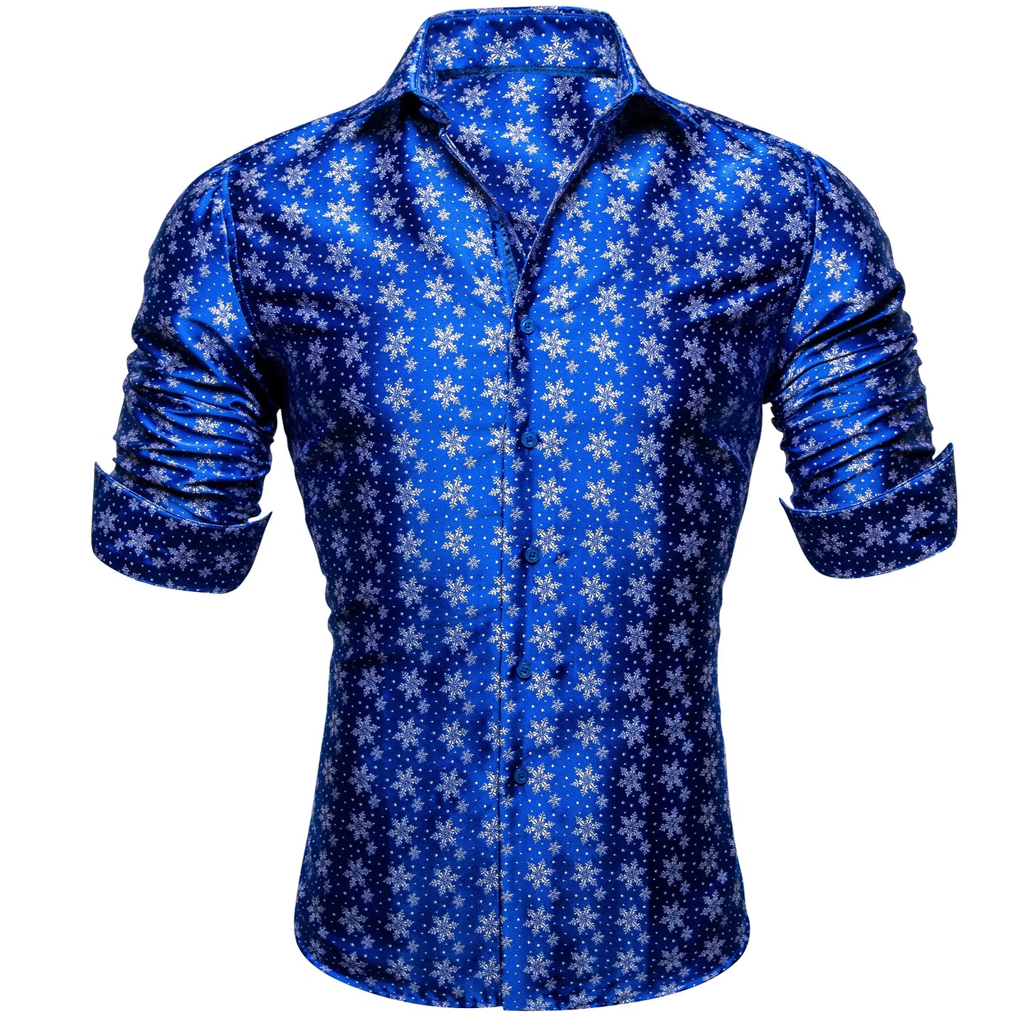 Snowflakes In Blue Silk Shirt