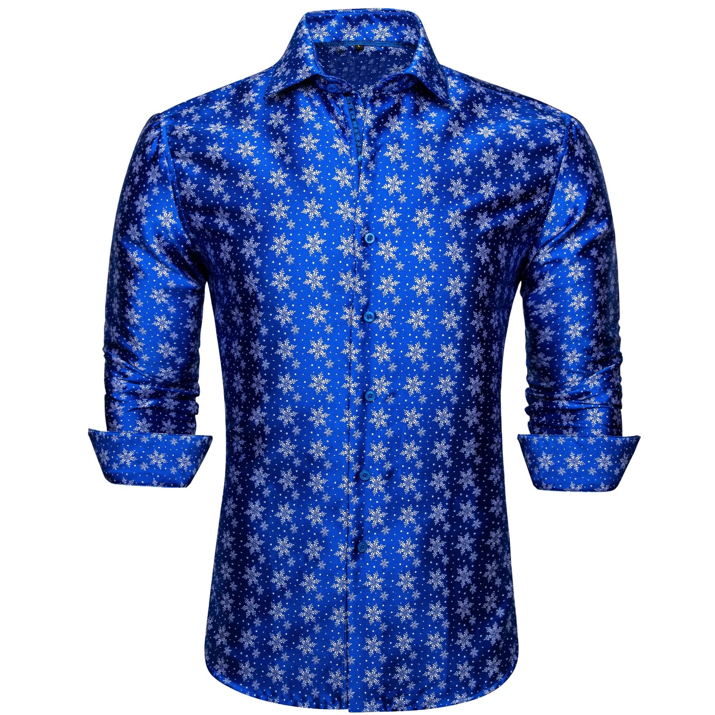 Snowflakes In Blue Silk Shirt