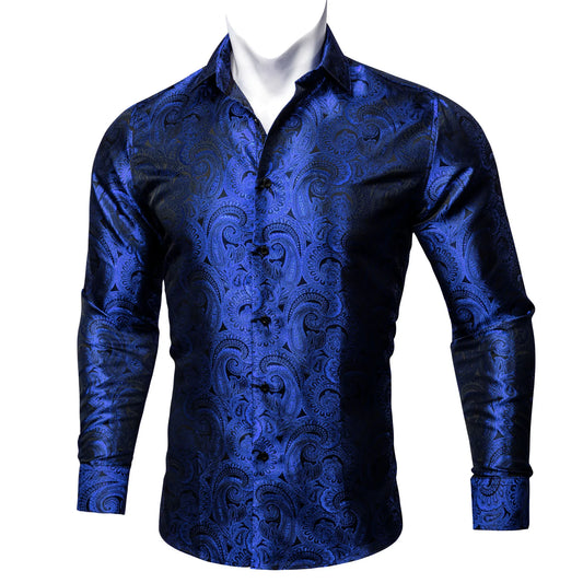 Luxury Blue Floral Silk Shirt