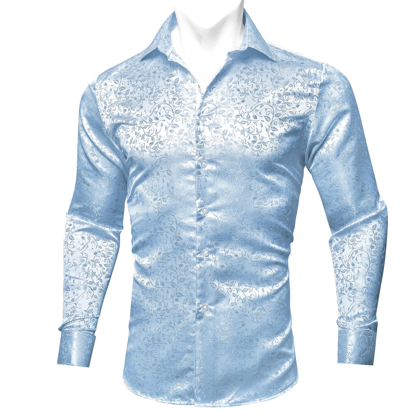 Sky Blue Tiny Leaves Silk Shirt