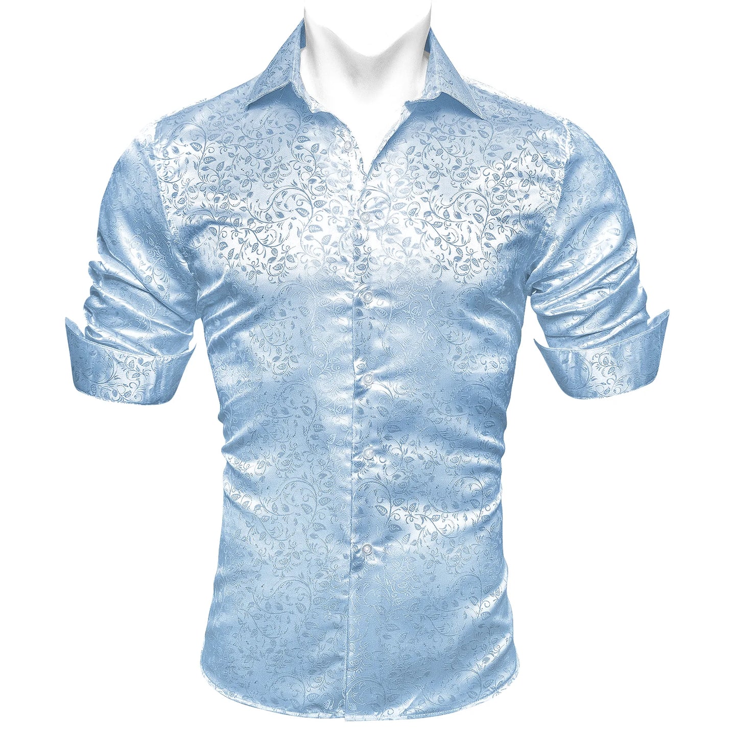 Sky Blue Tiny Leaves Silk Shirt