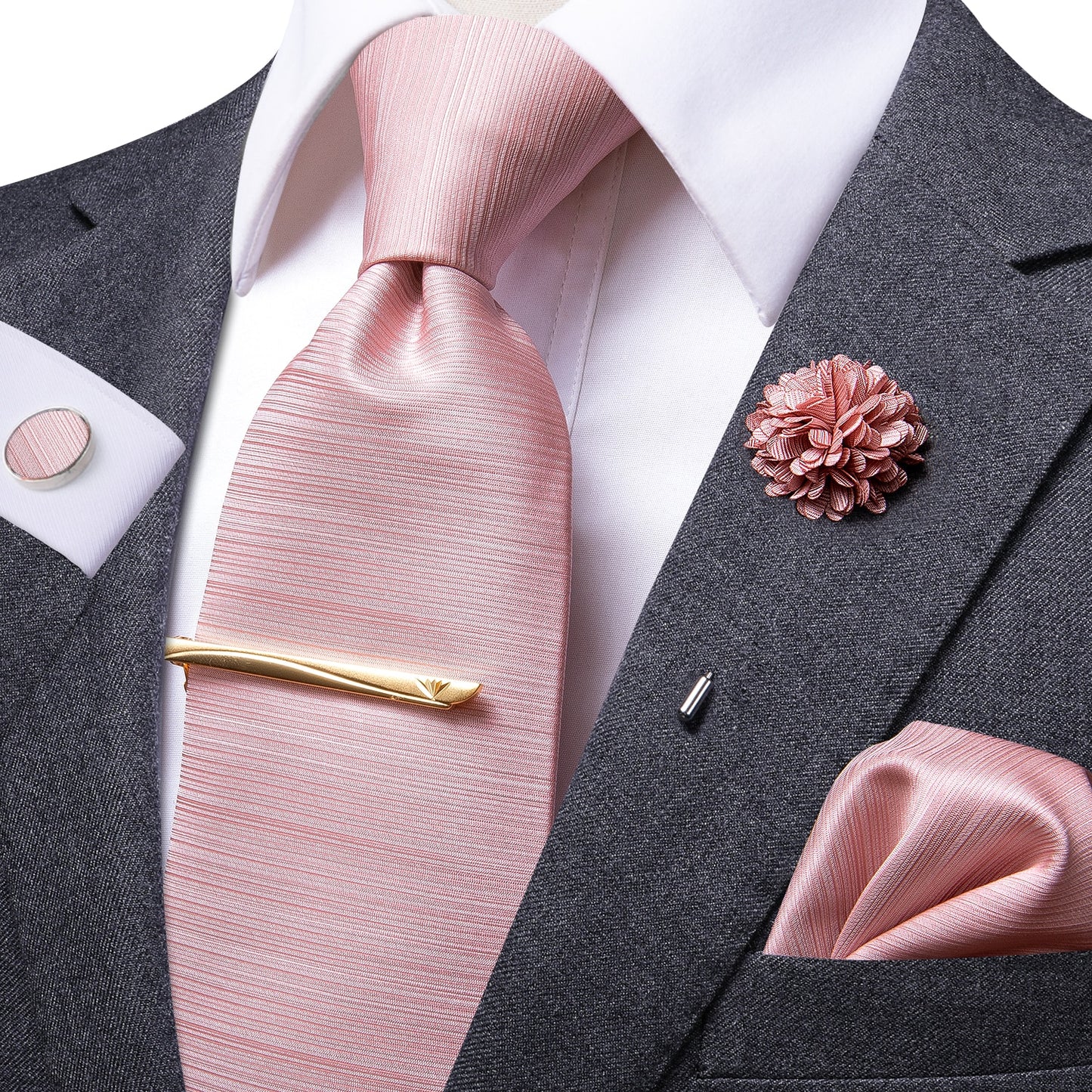 Plain Pink Silk Tie Set with Brooch and Tie Clip