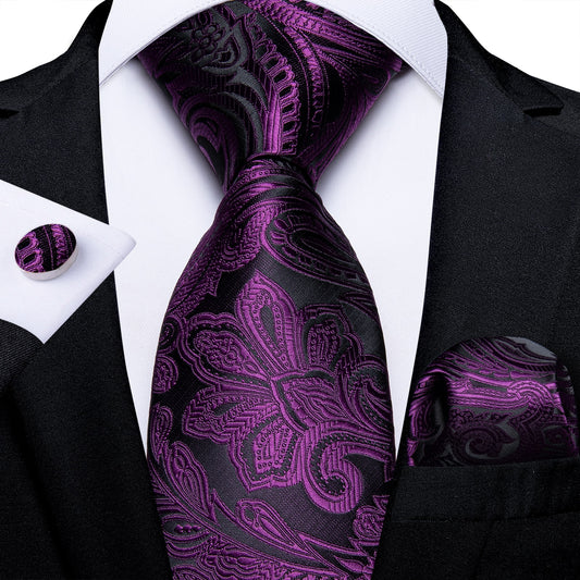 Purple Floral In Black Silk Tie Set