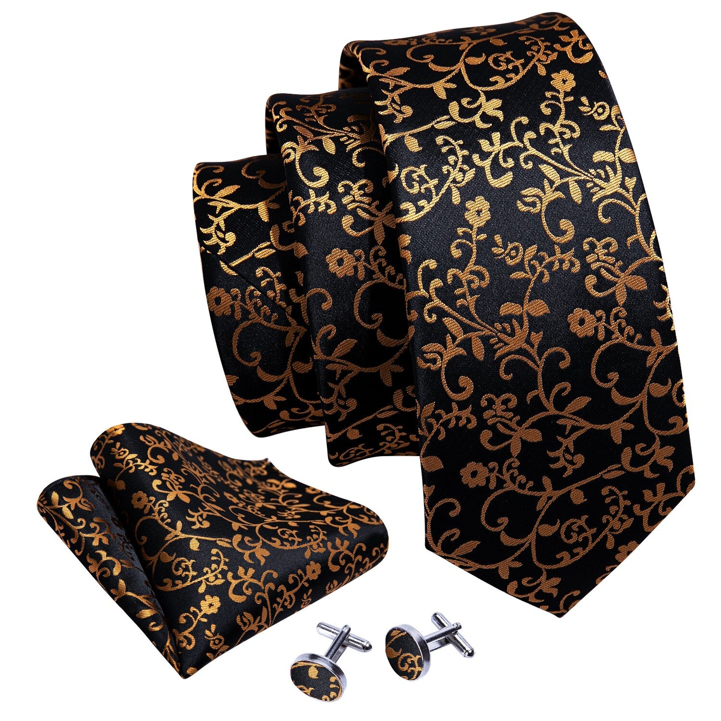 Gold Vineyard In Black Silk Tie Set