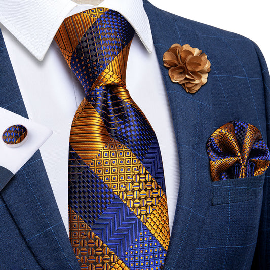 Yellow and Blue Checkered Tie Set with Brooch